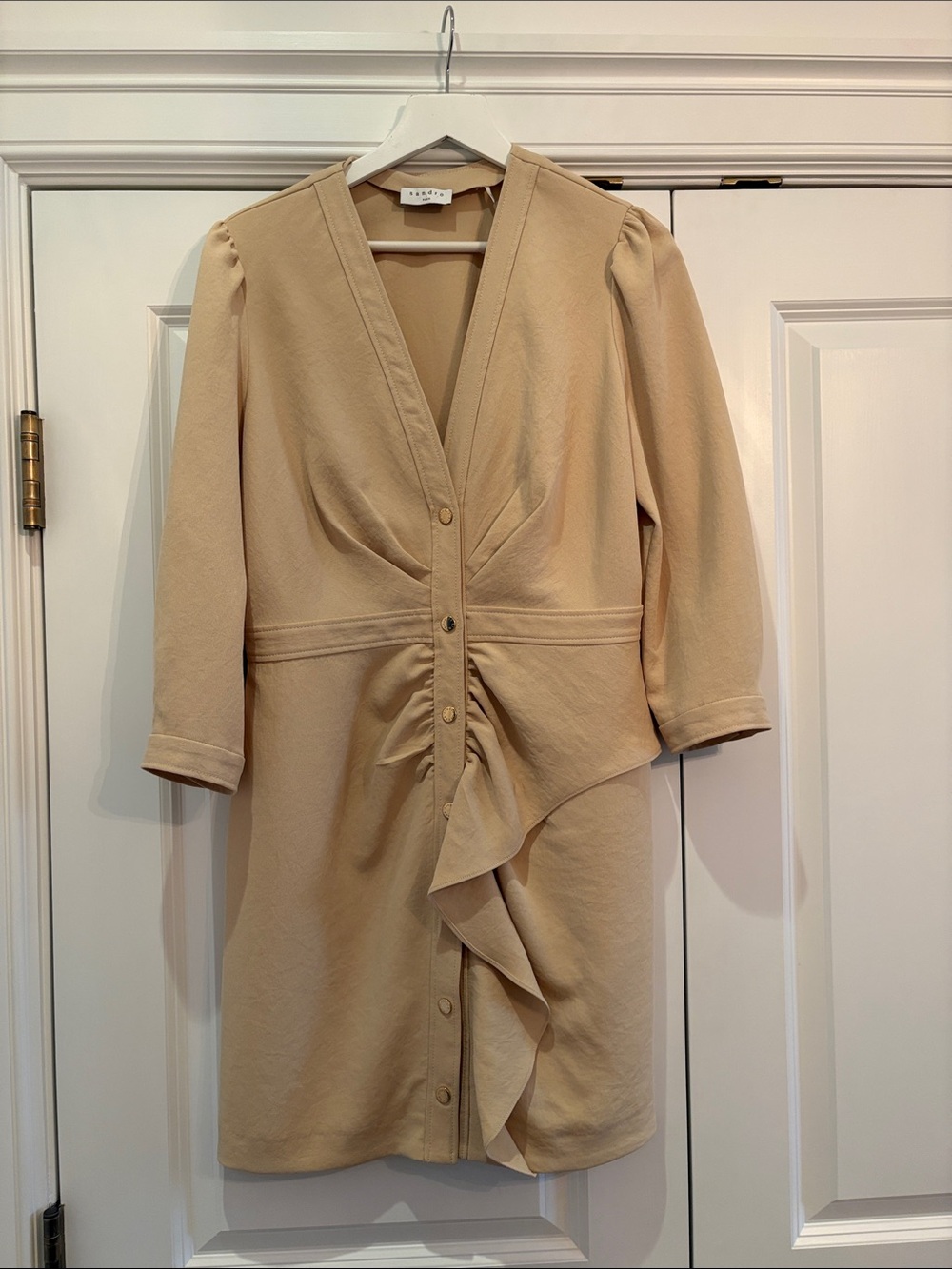 Sandro Beige V-Neck Ruffle Front Dress